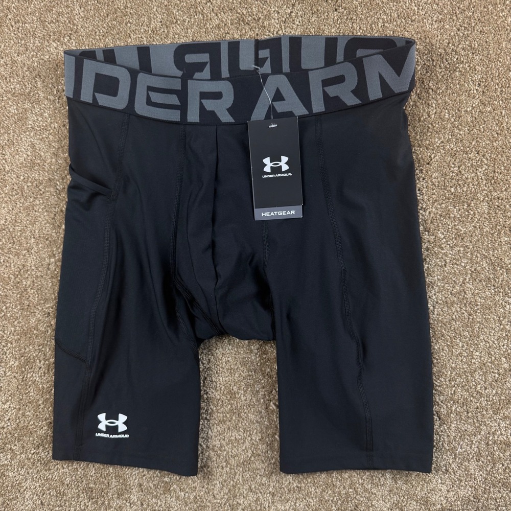 Under Armour HeatGear Men Black Compression Long Shorts Side Pocket Size L NEW